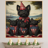 Mother Scottish Terrier with Three Puppies in Patriotic Outfits Wearing American Flag Hats and Red Star Bow Ties in Flower Field on Ready to Hang 1.5" Thick Canvas Wrap, Floating Framed Canvas, Flat Rolled Canvas